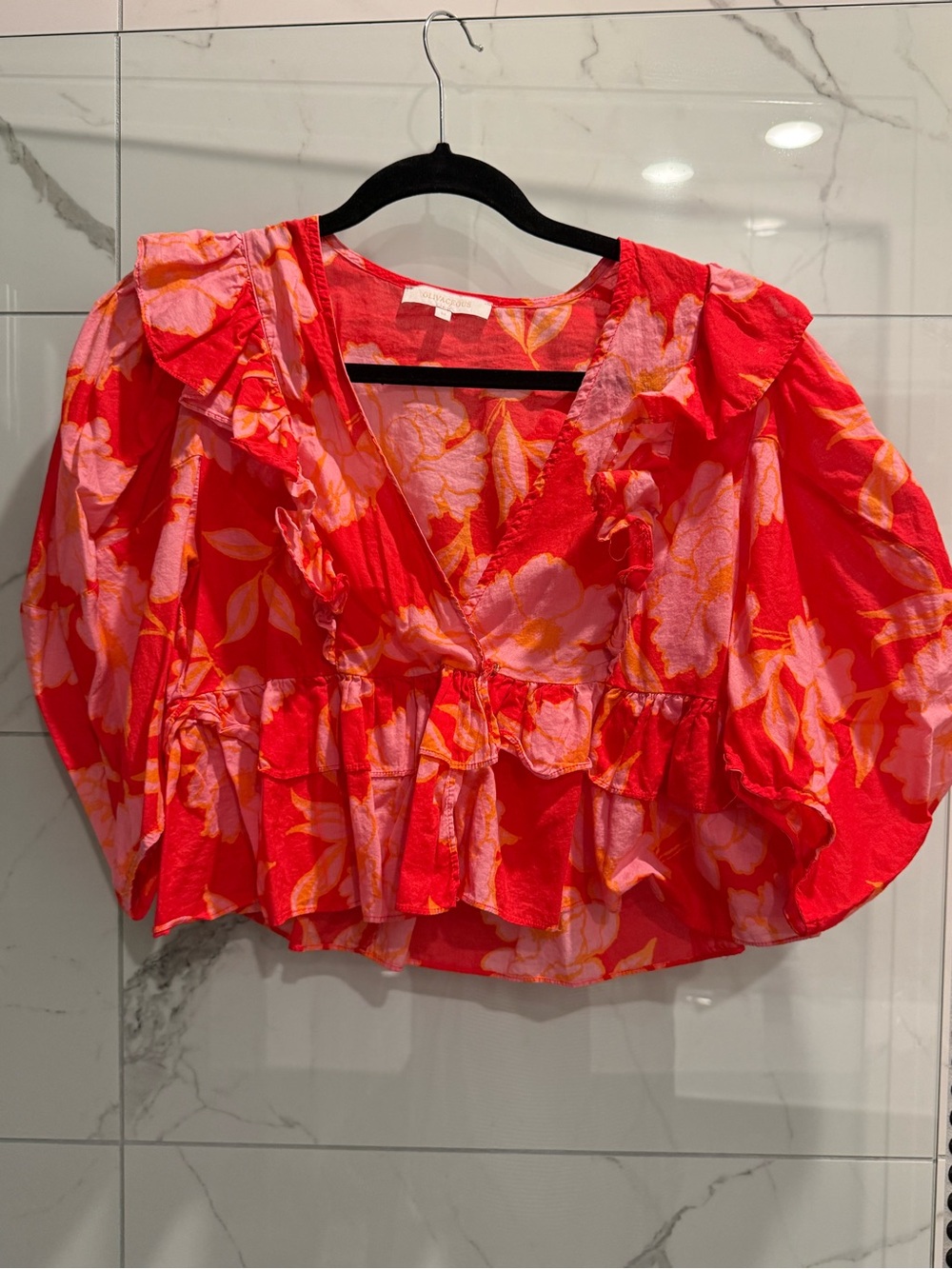 Olivaceous Floral Ruffle Peplum Blouse - Red, Pink, Orange